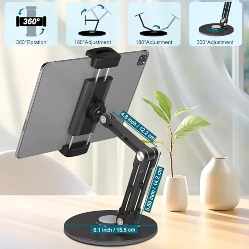 Adjustable iPad Stand,360 °Rotation iPad Heavy-Duty Base Mount ,Aluminum Alloy Foldable Tablet Holder for 4.7-17.3" iPhone /iPad Pro/Tablet/Portable Monitor, Mic Clip Screw Adapters for Microphones