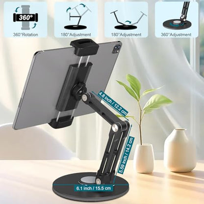 Adjustable iPad Stand,360 °Rotation iPad Heavy-Duty Base Mount ,Aluminum Alloy Foldable Tablet Holder for 4.7-17.3" iPhone /iPad Pro/Tablet/Portable Monitor, Mic Clip Screw Adapters for Microphones