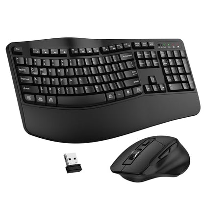 Wireless Keyboard and Mouse Combo, 2.4G Full Size Wave Keys Ergonomic Keyboard with Wrist Rest and 3-Level DPI Adjustable Wireless Ergonomic Mouse for Windows, Mac OS Desktop/Laptop/PC(Black) - color: Black