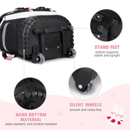 Bevalsa Rolling Backpack for Girls, 3PCS Roller School Backpack Set | with Lunch Box & Pencil Case, Kids Bookbag with Wheels for Teen Girls Elementary Middle High School Students - color: Black White