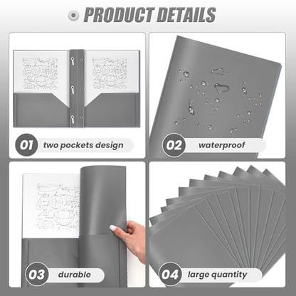 Yeaqee 150 Pack Plastic Folders with Prongs Heavy Duty Plastic 2 Pocket Folder with 3 Prongs, Business Card Slot for Back to School Office Home 11.6 x 9.5 Inch (Grey) - color: Grey