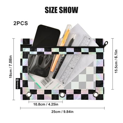 Black Chessboard Binder Pouches 3 Ring for Boys Girls School Office College Supplies White Buffalo Plaid Rainbow Color Pencil Pouches Case Bag with Clear Window and Zipper 2 Pack - color: Rainbow