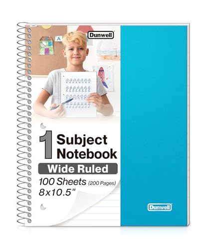 Dunwell 1 Subject Spiral Notebook, Blue Plastic Cover, 100 Sheets (200 Pages) 8x10.5 Paper, Wide Ruled Composition Notebooks with Poly Pocket Dividers, 3-Hole Punch Perforated Pages - color: Blue