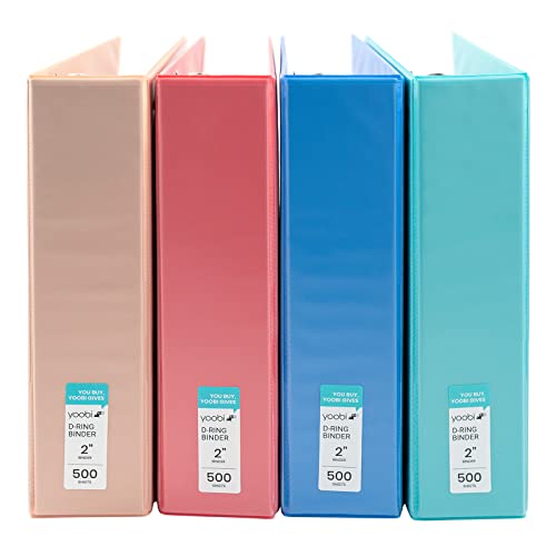 Yoobi 3 Ring Binders - 2 Inch Binder with Round D Rings and 2 Pockets, Durable, PVC-Free Organizer with 500 Sheets Capacity, 4- Pack Colored Binders with Plastic Cover for Office Supplies - color: Multicolor, size: 2 Inch, style: Binder