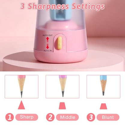 Rechargeable Electric Pencil Sharpener, 6-12mm Auto in & Out Fully Automatic Pencil Sharpener for Kids, Large Capacity Battery Powered, with Cartoon Stickers Ideal for Classroom & Home (Pink) - color: Pink
