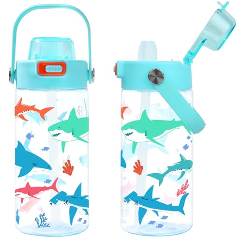 Kids Shark Water Bottle 20oz BPA Free Tritan Plastic Boys Girls School Outdoor Sports Leak Proof Water Cup with Straw Lid Handle Pop-Up Spout Cover - color: Shark Light Blue, size: 20.3 Ounces
