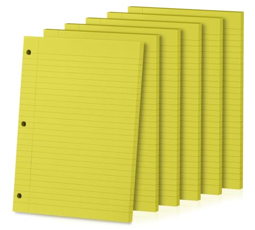 Loose Leaf Paper, 300 Sheets, Wide Ruled, 8" x 10.5", 6 Pack, 70gsm Notebook Paper Filler Sheets, 3 Hole Punched, 50 Sheets/Pack, Wide Ruled Office Filler Writing Notepads for 3 Ring Binder, Yellow - color: Yellow
