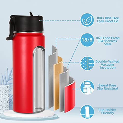 Volhoply Kids Insulated Water Bottle with Straw,16oz Stainless Steel Cold Water Bottles for School,BPA-Free Metal Wide Mouth Cups with Handle Lid,Reusable Double Wall Vacuum Sport Flask(Red,1) - color: Red