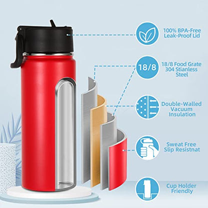 Volhoply 18oz Insulated Water Bottle Bulk 2 Pack,Kids Stainless Steel Water Bottles with Straw,Wide Mouth Reusable Metal Water Bottle,Double Wall Vacuum Sport Flask For Cold Drink(Red,2 Set) - color: Red