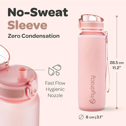 Hydracy Water Bottle with Time Marker -Large 32oz BPA Free & No Sweat Sleeve -Leak Proof Gym Bottle with Fruit Infuser Strainer & Times to Drink -Ideal for Fitness Sports & Outdoors | BPA-Free Tritan, Leakproof Flip-Top Lid,No-Sweat Sleeve,Carry Strap,Dai