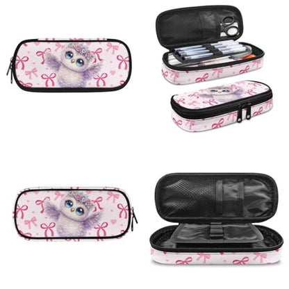 17 inch Backpack for Kids,Owl Large Capacity Bookbag with Lunch Box Pencil Case Set Rucksack Satchel School Bags 3 In 1 Set School Supplies for Girls - color: Pink Bows-owl