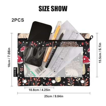 Fustylead Cute Hedgehogs and Mushrooms Pencil Pouch Fits Standard 3-Ring Binders, Zipper Binder Pencil Bag with Clear Window for Office School Cosmetic 2 Pack - color: Black02