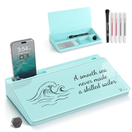 TOWON Compact Glass Desktop Whiteboard with Storage 12x7 in, Teal Blue | Aesthetic dry erase surface, 5 markers, eraser and holder included, for the office, home or school desk - color: Teal Blue