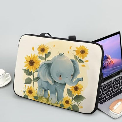 Cute Elephant Laptop Sleeve Case Sunflowers Water Resistant Laptop Cover Travel Business Computer Cover Carrying Bag Messenger Bag with Handle, 15 Inch Laptop Bag for Women - color: Cute Elephant Sunflowers, size: 15inch