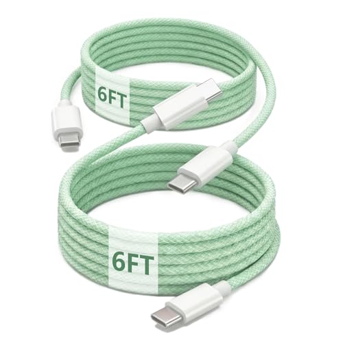 USB C to C Charger Cable, 60W, 6FT, 2-Pack, Green | Fast Charging, Braided Nylon, for iPhone 17/16/15, MacBook iPad, Galaxy S25/S24 - color: Green, size: 6FT+6FT