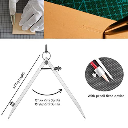 Compass for Geometry, 12 inch Professional Leather Work Divider, Woodworking Compass with Pencil Holder, Spring Divider Wing Compass, Drawing Compass for Leather and Woodworking - size: 12IN