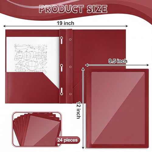 Teling 24pcs Heavy Duty Plastic Folders with Clear Front Pocket and Card Slot, 3 Prongs and 2 Pockets, Letter-Size, Reports Document Presentations Office Supplies, Back to School Gifts (Dark Red) - color: Dark Red