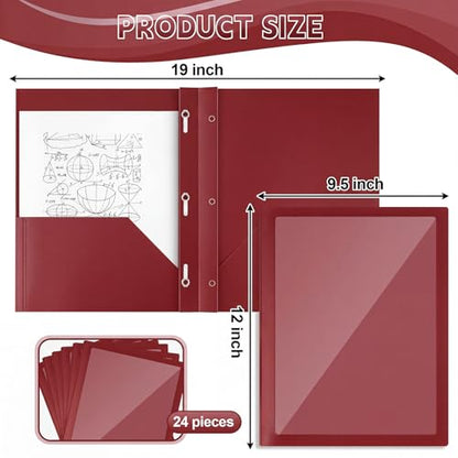 Teling 24pcs Heavy Duty Plastic Folders with Clear Front Pocket and Card Slot, 3 Prongs and 2 Pockets, Letter-Size, Reports Document Presentations Office Supplies, Back to School Gifts (Dark Red) - color: Dark Red