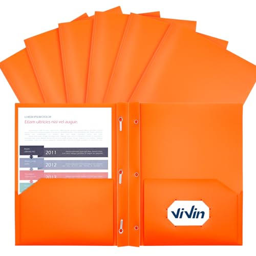 ViVin 12 Pack Plastic Folders with Pockets and Prongs, Heavy Duty 2 Pocket Folders with 3-Prong Fasteners, Poly File Holds 8-1/2" x 11" Paper for School Office Home (Orange) - color: Orange, size: 12 PACK