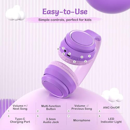 TONOSHARK Kids Bluetooth Headphones with Active Noise Cancelling, Wireless Over-Ear Headphones for Boys Girls, Foldable, Adjustable, 40H Playtime, Mic for School Travel(Purple) - color: Purple