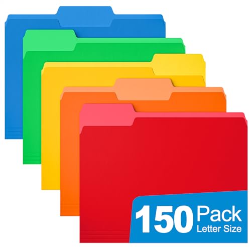 HABGP 150 Pack Manilla Folders 8.5 x 11 Inch, 1/3-Cut Tab Colored File Folders Letter Size, Paper File Folders, Manila Folders Home Office School Supplies for Documents Files, Assorted 5 Colors - size: 150 Pack