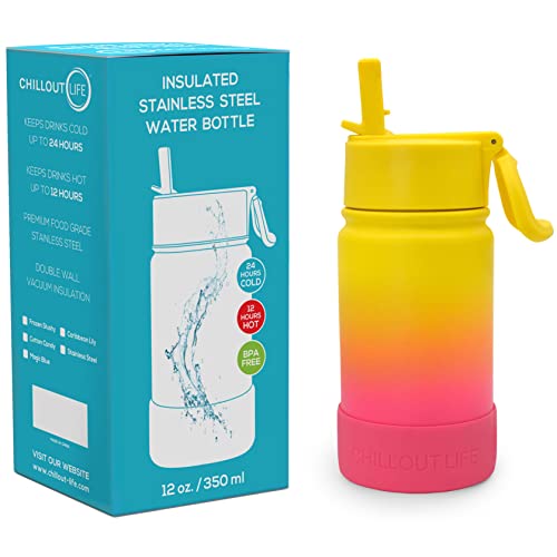 CHILLOUT LIFE 12oz Kids Insulated Stainless Steel Water Bottle with Leak Proof Straw Lid & 144 Stickers - color: Nectarine, style: 12 oz