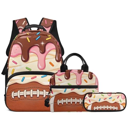 Ice Cream American Football 3 in 1 School Backpack Set with Lunch Box Pencil Case Set for Boys Girls 17 Inch Lager Capacity Bookbag Schoolbag for Kids Teen - color: Ice Cream American Football