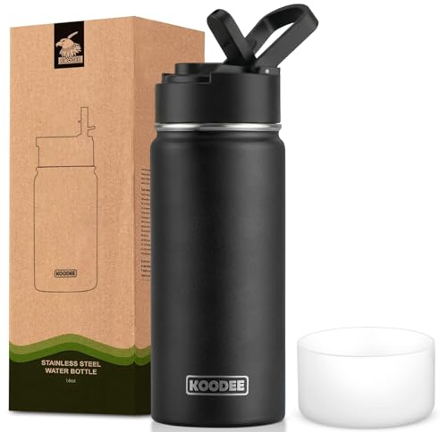 Koodee Water Bottle for Boy 16 oz Stainless Steel Vacuum Insulated Wide Mouth Sports Water Bottle with Straw Lid-Reusable Metal Water Flask BPA Free (Black) - color: black-A, size: 16 Ounces