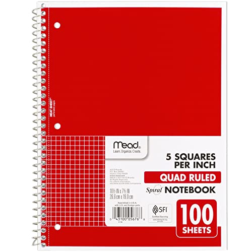 Mead Spiral Notebook, 1 Subject, Graph Ruled Paper, 7-1/2" x 10-1/2", 100 Sheets, Fire Red (05676AB5) - color: Red