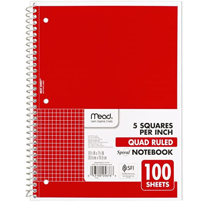 Mead Spiral Notebook, 1 Subject, Graph Ruled Paper, 7-1/2" x 10-1/2", 100 Sheets, Fire Red (05676AB5) - color: Red