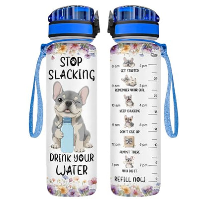34HD French Bulldog Water Bottle with Time Marker & Straw 32 oz, Stop Slacking Drink Your Water Dog, Birthday Gift for Frenchie Lovers and Pet Owners - color: White Blue
