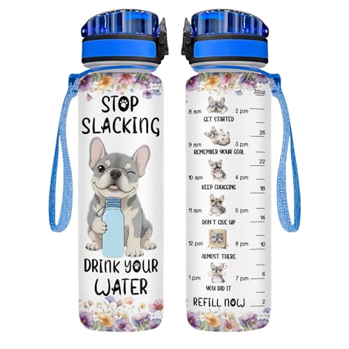34HD French Bulldog Water Bottle with Time Marker & Straw 32 oz, Stop Slacking Drink Your Water Dog, Birthday Gift for Frenchie Lovers and Pet Owners - color: White Blue