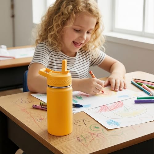 Fijinhom 12 oz Kids Water Bottle, Toddler Water Bottle with Straw, Boys&Girls Bottle for School, 304 Stainless Steel Vacuum Insulated Bottle for Kids, BPA-Free, Leak-Proof, Navy blue - color: Blue