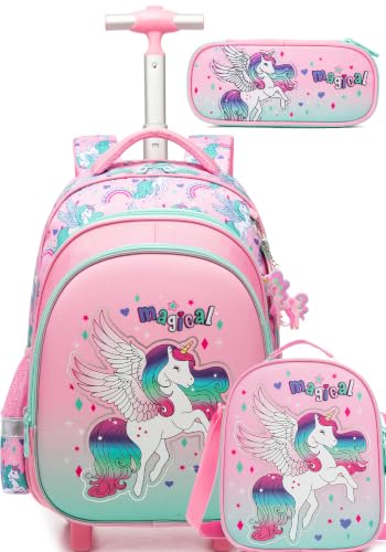Meetbelify Rolling Backpack for Girls Unicorn Backpack with Wheels Kids Roller Suitcase Travel Luggage for Elementary Student Ages 6-8 - color: Unicorn