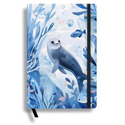 RICCO BELLO Wide Ruled Hardcover Diary Journal, Seal | For Kids & Tweens, Bookmark & Band Closure, Storage Pocket, 5.7 x 8.4 Inches, 192 Pages - color: Blue Seal