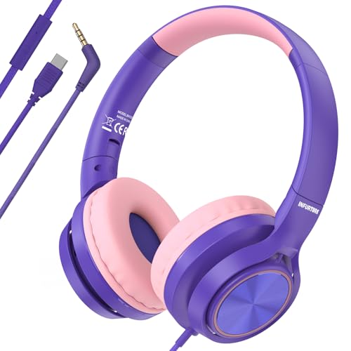 INFURTURE Kids Headphones for School with 3.5mm/USB C Headphones & HD Mic | Pink Headphone for School, Comfort Type C Headphone, Safe Volume for iPad/Travel/Tablets/Classroom, Back to School gift - color: Purple