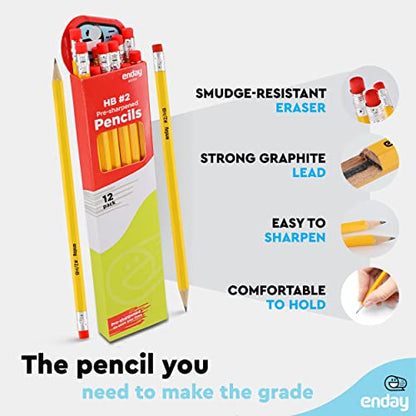Enday Pencils 2 Wood Cased, Pre Sharpened Yellow Pencils #2 with Latex-Free Eraser, Durable School and Drawing Graphite Pencil, No 2 Soft Pencils for Kids and Adults, Box of 12