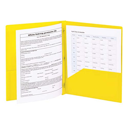 Smead Poly Two-Pocket Folder, Three-Hole Punch Prong Fasteners, Letter Size, Yellow, 3 per Pack (87733) - color: Yellow