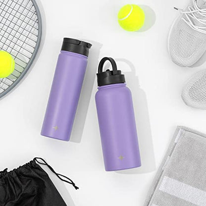 JoyJolt Triple Insulated Water Bottle with Straw Lid AND Flip Lid! 22oz Water Bottle, 12 Hour Hot/Cold Vacuum Insulated Stainless Steel Water Bottle. BPA-Free Leakproof Water Bottles - Thermos Bottle - color: Lilac Purple, size: 22 Ounces