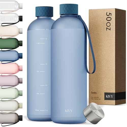KIVY Large Water Bottle 50oz [Lightweight & Shatterproof] Fits Backpack & Cupholder for Travel, Sports, School - Blue water bottle no straw - 1.5 Liter water bottles - 50oz Water bottle - color: 05 Navy Blue, size: 50oz
