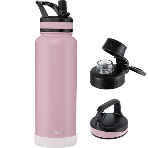 OLDLEY 40 oz Insulated Water Bottle With Straw, Stainless Steel Sports Water Cup Flask with 3 Lids(Straw, Spout and Handle Lid) Double Walled Travel Thermal Canteen Mug,Lavender Mist - color: Lavender Mist, size: 40 Ounces