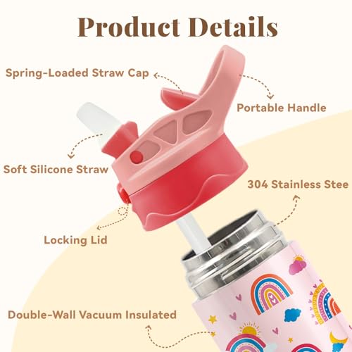 Pink Water Bottle for Girls - 12oz Rainbow Kids Water Bottle with Straw, Stainless Steel Tumbler, Insulated, Leak-proof, BPA-free, Pop-up Straw Lid, for School - Children Birthday Gift Cup(1pc) - color: Cloud Rainbow