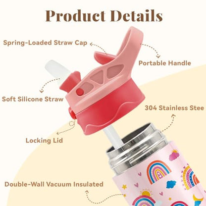 Pink Water Bottle for Girls - 12oz Rainbow Kids Water Bottle with Straw, Stainless Steel Tumbler, Insulated, Leak-proof, BPA-free, Pop-up Straw Lid, for School - Children Birthday Gift Cup(1pc) - color: Cloud Rainbow