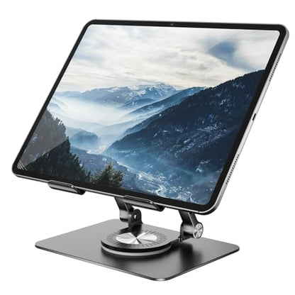 Orlian Tablet Stand Holder with 360° Rotating Base Dual Rod Aluminum Adjustable Tablet Stand for Desk Compatible with iPad Samsung Phone Kindle E-Reader and More, Black - color: Black