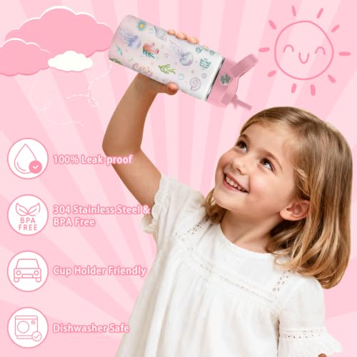 Hiboss Ocean Gifts for Kids, 16oz Pink Girls Water Bottle with Straw Lid, Stainless Steel Insulated Beach Cup Tumbler, Marine Life Lovers Birthday Gifts for School Sport Travel - color: Ocean