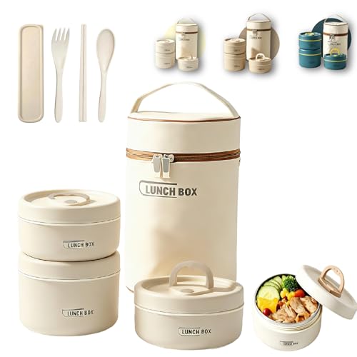 3 Tier Portable Insulated Lunch Container Set, Stackable Bento Box with Thermal Lunch Bag, Microwaveable Hot Food Container for Adults, Leakproof Thermal Food Container for Picnic, Work & Travel - color: Beige, size: 3 Tier