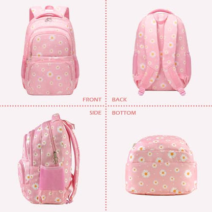 Glodwheat Daisy Printed Backpack For Girls- 3Pc Set With Lunch Box & Pencil Case, Lightweight Water-Resistant Bookbag For Elementary School - color: Pink