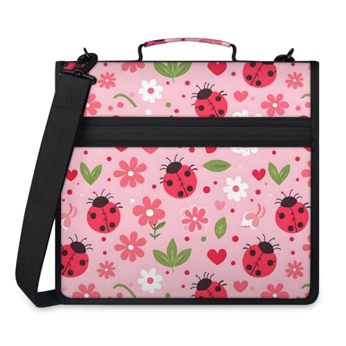 Floral Ladybugs Zipper Binder, 3-Ring Binder with Handle Shoulder Strap, Multiple Pockets & Storage Organizer Case - color: Multicolor 12