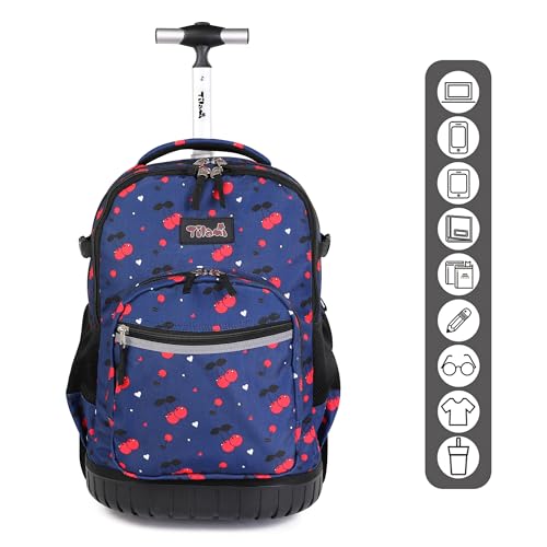 Tilami Rolling Backpack, 18 inch Shoulder Drop, Concealed Pockets and Wheel Cover, Laptop Backpack for Boys and Girls, Cherry Blue - color: Cherry Blue