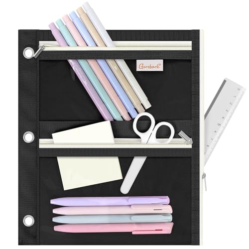 3 Ring Binder Pencil Pouch, 3-Pocket Zipper Pencil Case with Reinforced Grommets & Clear Window, Durable Pen Organizer for School Office Supplies Black - color: Black, size: PVC